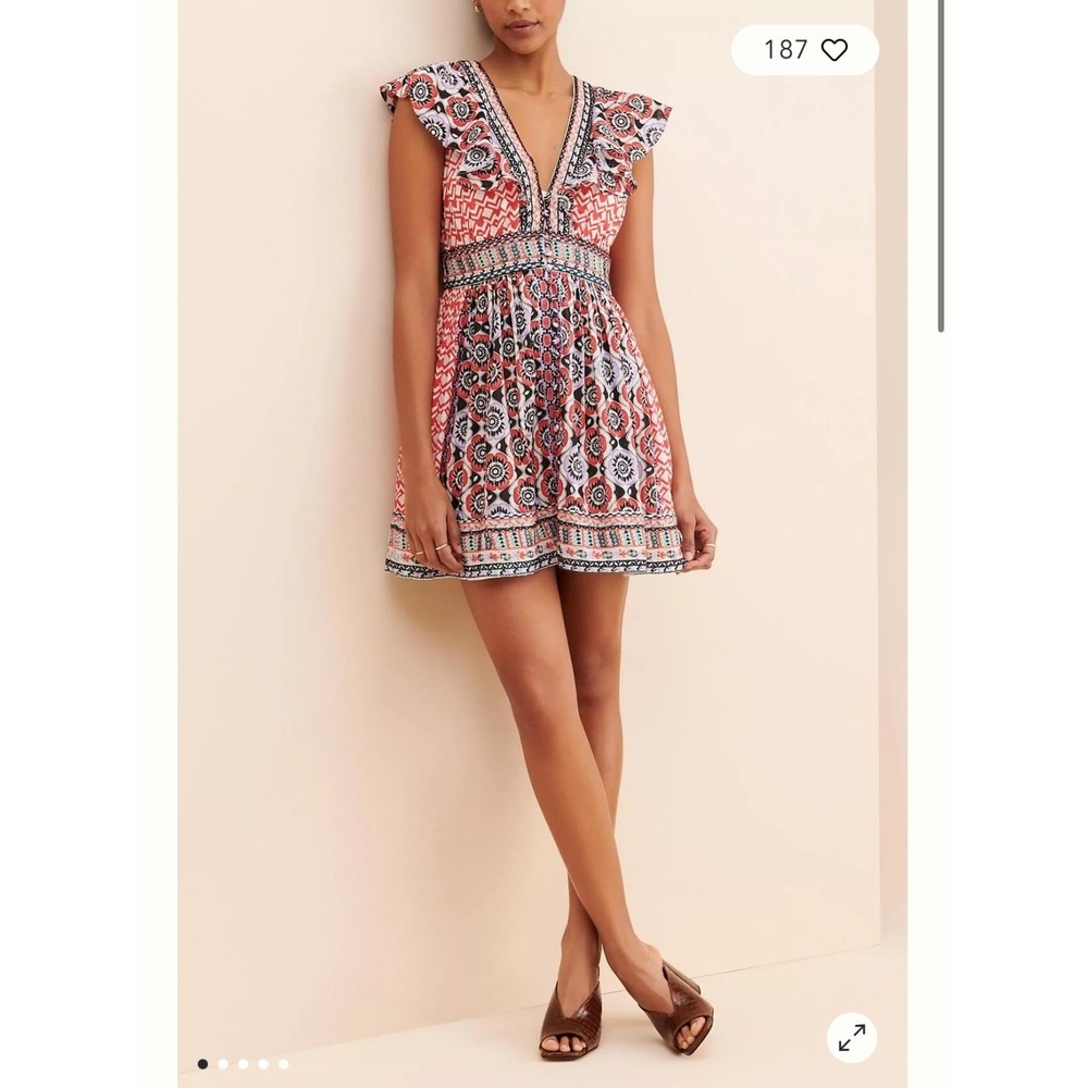 Anthropologie Flutter Printed Mini Dress Red Black Floral Boho V-Neck NWT Sz 0